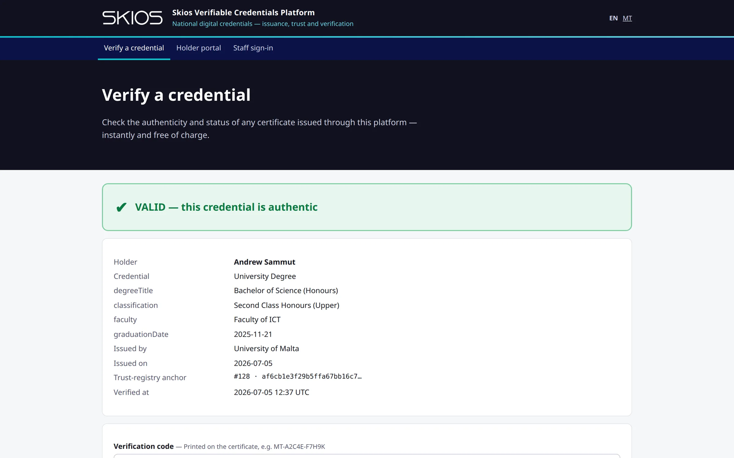 Skios VCP public verification portal — a University Degree credential verified as valid and authentic with full trust-registry details